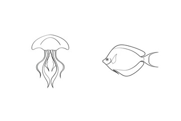 Simple black and white line art illustration of a fish and jellyfish in the ocean