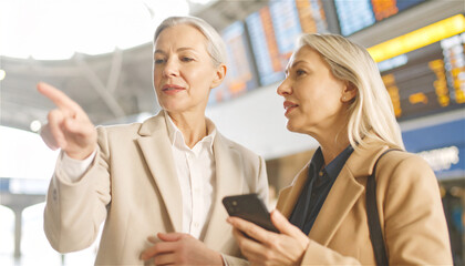 Two elderly women on a journey trying to find the right travel information