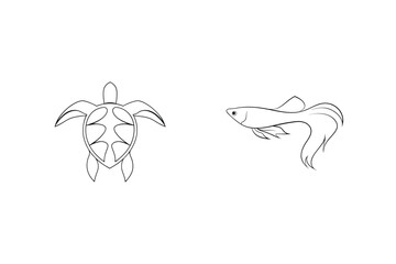 Black and white outline illustrations of a sea turtle and a fish against white background