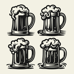 Set of 4 black and white flat vector beer mugs with foam. Bold silhouettes, clean shapes, vintage pub style. Perfect for bar signs, brewing labels, and Oktoberfest themes.