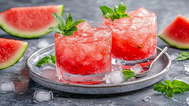 Refreshing watermelon slushie drinks garnished with mint and juicy fruit slices perfect for summer cocktail tutorials party catering and beverage marketing