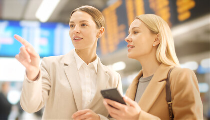 Two young women discussing travel information
