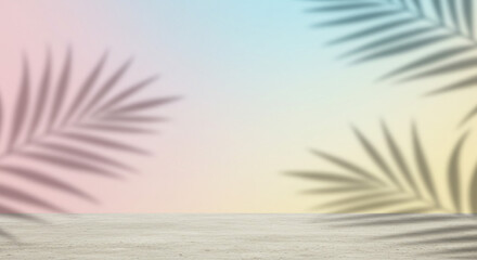 Pastel gradient background with palm leaf shadows casting on a surface for product presentation backdrop