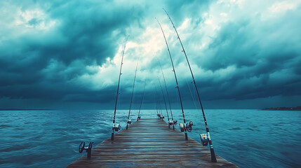 Fishing Rods on a Wooden Pier Under Stormy Skies