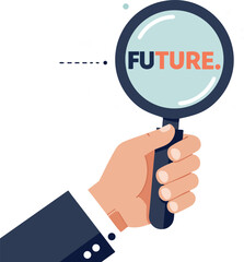 Businessman hand holding magnifying glass focusing on future concept illustration 