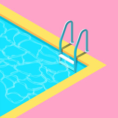 Isometric summer swimming pool with metal ladder vibrant turquoise water yellow edge and pink deck in minimal retro style 3d illustration of outdoor leisure scene with clean design and bright colors