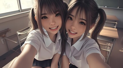 Young girls taking selfie classroom school uniforms