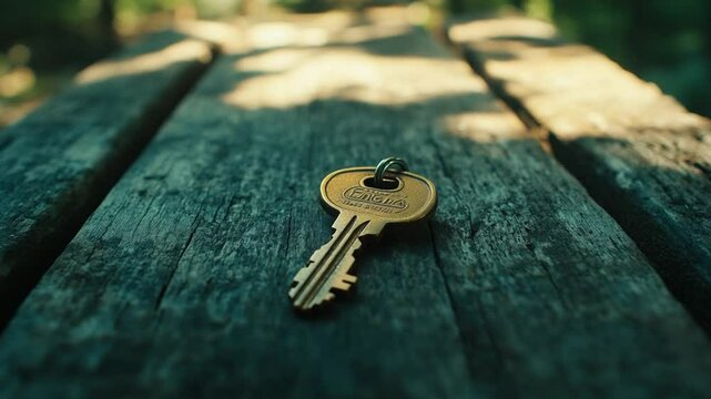 Close-up of a vintage key resting on a wooden table