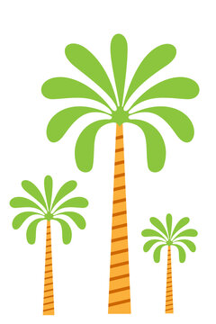 Three tropical palm trees illustration with green fronds orange striped trunks, summer beach vacation icon set, flat design vector graphic isolated. High res PNG