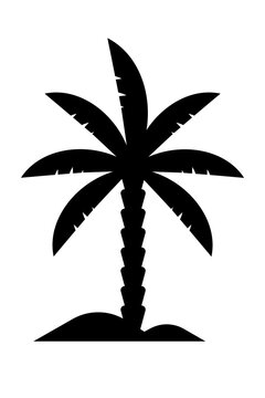 Black palm tree silhouette with fronds and trunk on sand dune, tropical beach icon, monochrome vector graphic isolated on white background. High res PNG