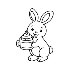 Cute rabbit holding a cup of frosting with a joyful expression - Concept of Coloring  