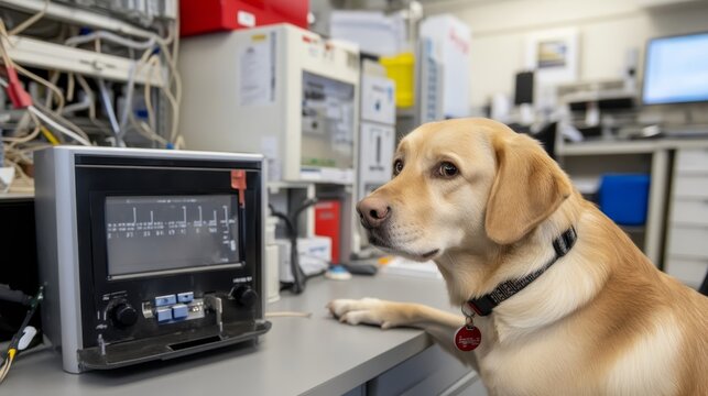 A Loyal Labrador Retriever Analyzing Data in a Tech Lab, Focused on Science and Innovation, Showcasing the Intersection of Pets and Technology