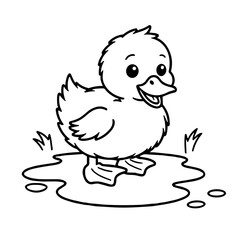 Fototapeta premium Cute cartoon duckling standing in a puddle on the grass, concept of coloring 