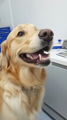 Golden Retriever's Radiant Smile: A Portrait of canine joy, capturing the essence of companionship and purebred charm in a close-up view.