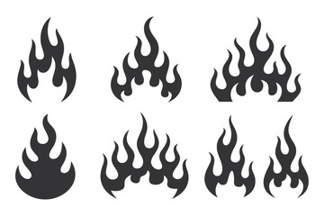 Set of Six Black Flame Illustrations on a White Background Perfect for Graphic Design Tattoo Art or Adding a Fiery Touch to Any Creative Project