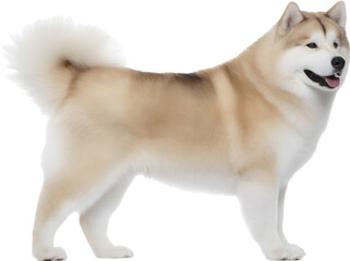Side view of a full-body Siberian Husky dog standing attentively on a white background, showcasing its thick fur, distinctive markings, and alert posture
