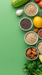 Vibrant Still Life: A Symphony of Healthy Foods for a Balanced Diet and Wellness on a Green Backdrop. Nutrition, Vitamins and Organic Ingredients.