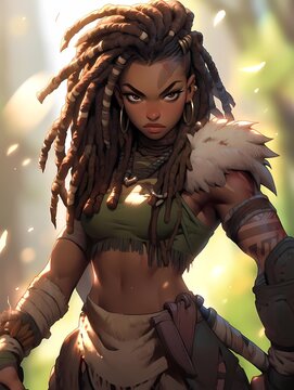 Anime illustration of woman with dreadlocks, tattoos, and knife, serious gaze, forest backdrop.