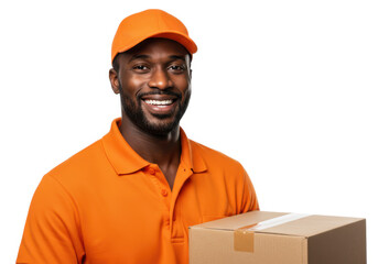Happy delivery man holding a package