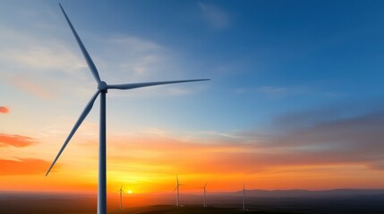 Obraz premium Wind turbines tower majestically against a colorful sunset, with golden and orange hues filling the sky. This landscape illustrates the growing importance of renewable energy sources in modern times.