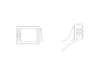Minimalist one line art illustration of a graphic tablet with stylus and smartphone