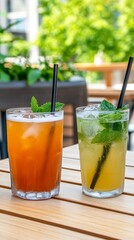 Refreshing Cocktails: Iced Drinks with Mint and Straws on a Sunny Table