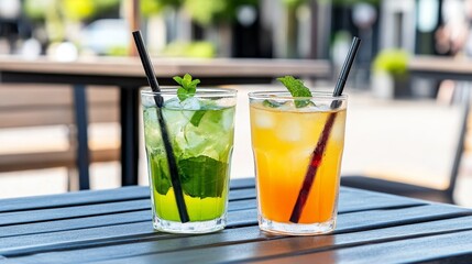 Refreshing Cocktails: Mojito & Tropical Mix with Ice, Mint, and Straws on a Wooden Table for a Perfect Summer Day