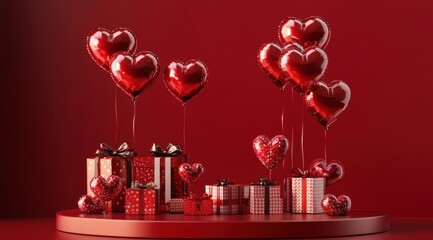 Obraz premium 3D rendering of a Valentine's Day podium with heart-shaped balloons and gift boxes on a red background