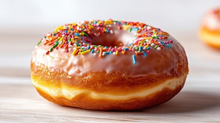 A round donut sits on a light wooden surface, topped with pink icing and vibrant sprinkles. The warm light highlights its soft texture, creating an appetizing appearance.