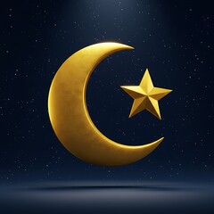 Naklejka premium Golden Crescent Moon and Star Islamic Symbol, 3D Render