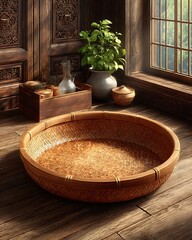 Large bamboo basket in ethnic decor high resolution image