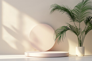Fototapeta premium A white pedestal with a round base and a plant in a white pot