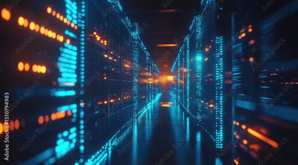 Aufkleber futuristic data center corridor with glowing blue and orange server lights in symmetrical rows, grea