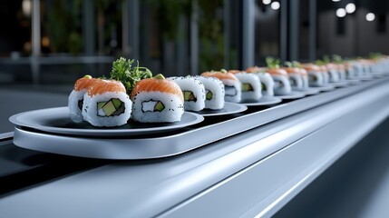 Freshly prepared sushi rolls are moving along a conveyor belt at a modern sushi restaurant in an urban setting during the evening hours, while diners enjoy their meals.