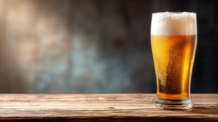 Chilled glass of beer with thick foam head on rustic wooden table and blurred gradient background, perfect for bar ads, craft beer menus, or Oktoberfest posters
