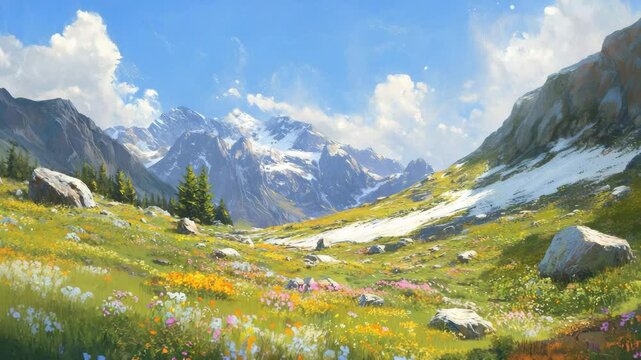 rocky mountain valley with alpine wildflowers, scattered boulders, and snow patches beneath a crisp blue summer sky,