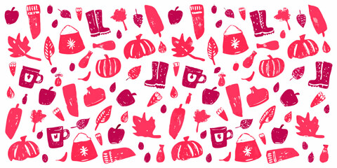 A seamless collage of Autumn Harvest Theme doodles in pink crayon color