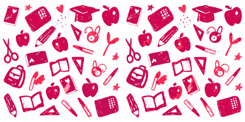A seamless collage of School Supplies Theme doodles in pink crayon color