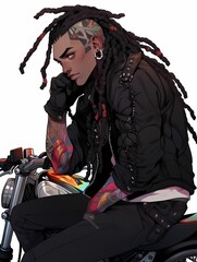 Anime young man with dreadlocks, tattoos, piercings, sitting on motorcycle, leather jacket.