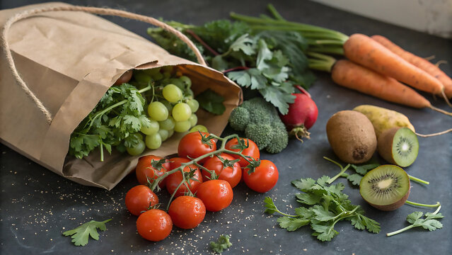 Spilled fresh produce from paper bag. Colorful fruits and vegetables on dark surface. Vibrant tomatoes, grapes, and greens. - Powered by Adobe