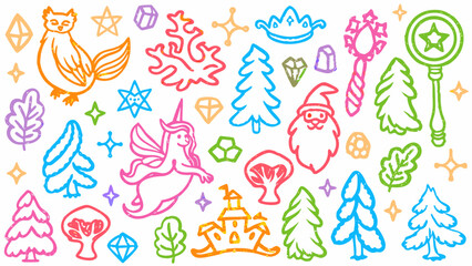 Doodle collage of magical creatures, kid color pencil drawing, Doodle background.