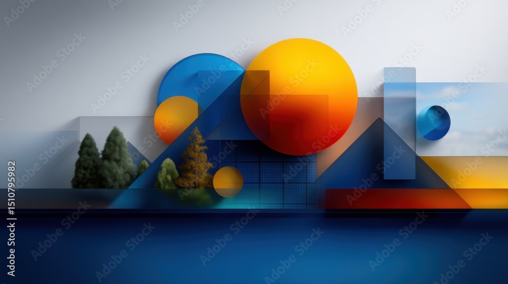 Poster this artwork features a blend of bold geometric shapes and forms in vibrant colors. natural elements