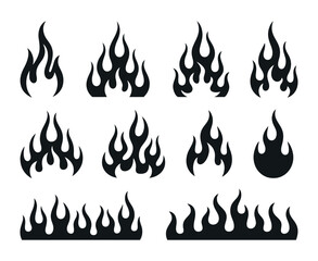 Collection of Black Fire Flame Silhouettes on White Background for Graphic Design Decoration and Creative Projects Vector Illustration