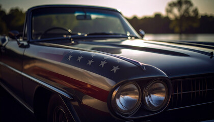 old classic american car painted as American flag. Independence Day concept. Generated Image