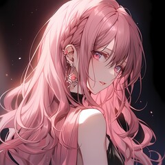 Young woman with pink hair and eyes gazing at viewer, vibrant anime style illustration.