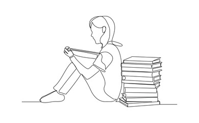 Continuous line drawing child girl sitting and read a book. Single line concept of education. Vector illustration sketch editable stroke