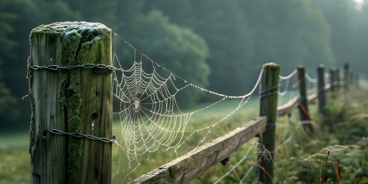Dew-covered spiderweb on a rustic wooden fence in a misty field.