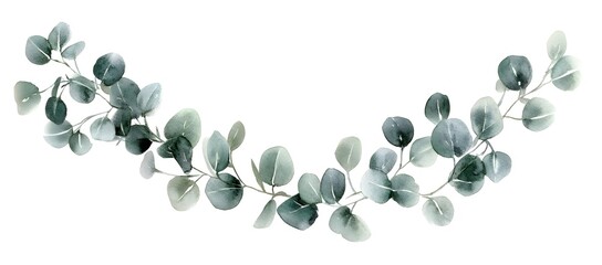 Fototapeta premium Watercolor eucalyptus leaves garland illustration on a white background, in shades of green and grey, with soft watercolors,