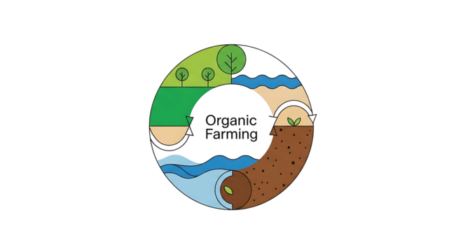 Abstract visualization of sustainable agriculture emphasizing organic farming resource efficiency and environmental stewardship with clean minimalist graphics