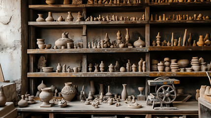 Collection of Unfinished Ceramic Pottery on Shelves in a Workshop